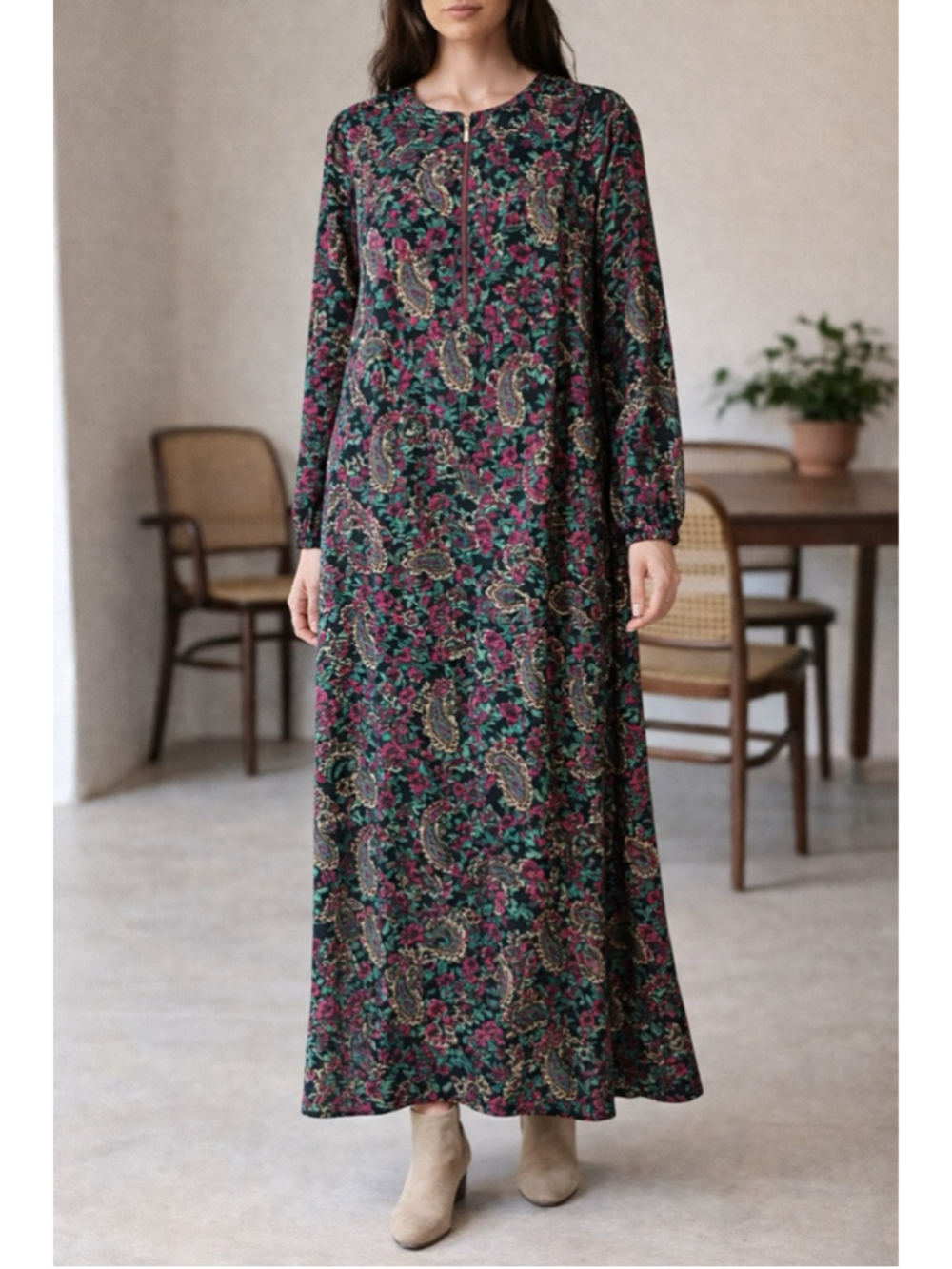 Bootina Souel Korea Vintage Boho Paisley Floral Maxi Dress Long Sleeve Black S